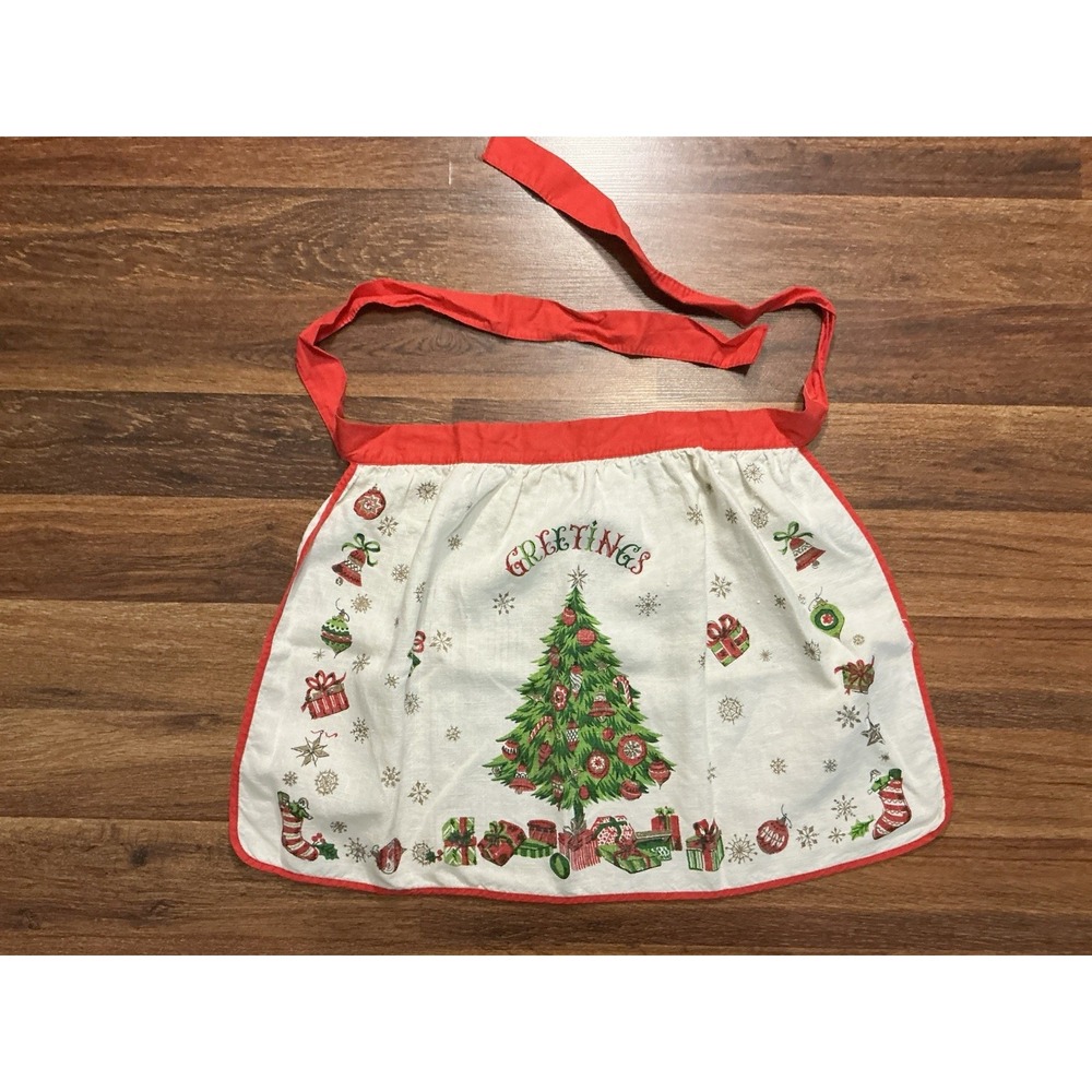 Vintage 1960's Christmas Tree GREETINGS Kitchen Half Apron Broadcloth EUC